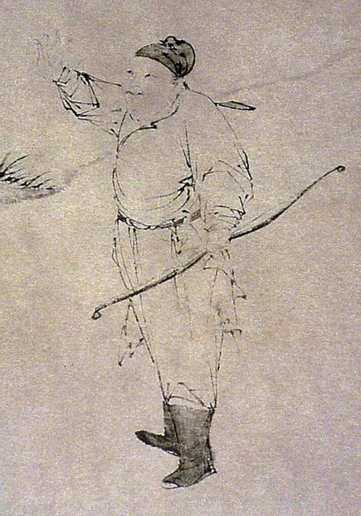 展品唐寅〈射楊圖〉軸，局部，北京故宮博物院藏。此為文徵明叔父文彬的寫照。