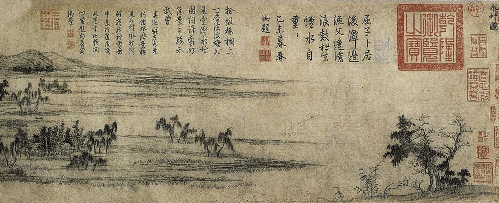 清王原祁〈仿古山水圖〉第三開「仿趙松雪水村圖意」，紙本墨筆冊頁，每開29.5×35.9公分，南京博物院藏。