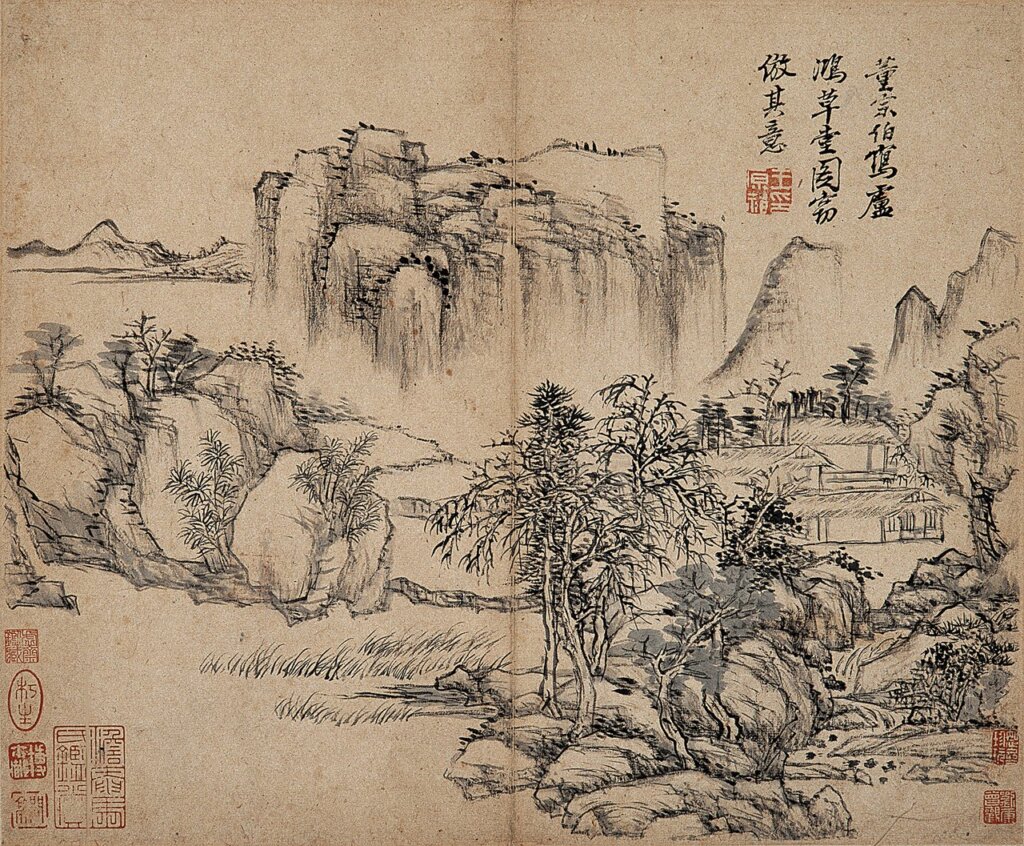清王原祁〈仿古山水圖〉第七開「黃鶴山樵夏日山居筆意」，紙本墨筆冊頁，每開29.5×35.9公分，南京博物院藏。