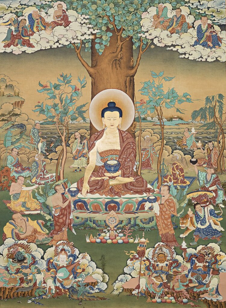 勉唐派唐卡傳承人、西藏一級唐卡畫師米瑪次仁2013年作〈釋迦牟尼佛和十八尊者〉。