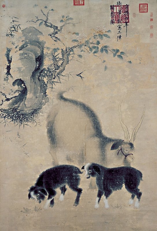 明宣宗〈畫三陽開泰圖〉軸，國立故宮博物院藏。 右圖10 元趙孟頫〈二羊圖〉卷，美國佛利爾美術館藏。