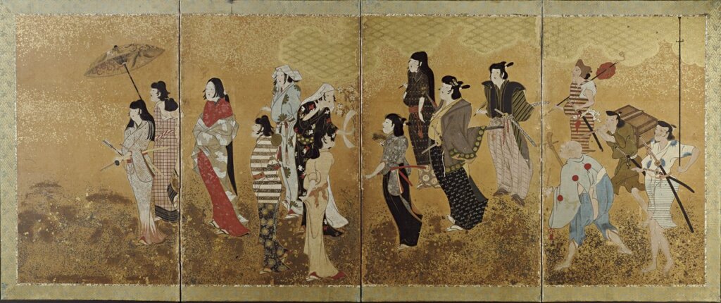 日本江戶寬永時期（1624～1644）〈「賞櫻宴」屏風畫〉，100×269公分。