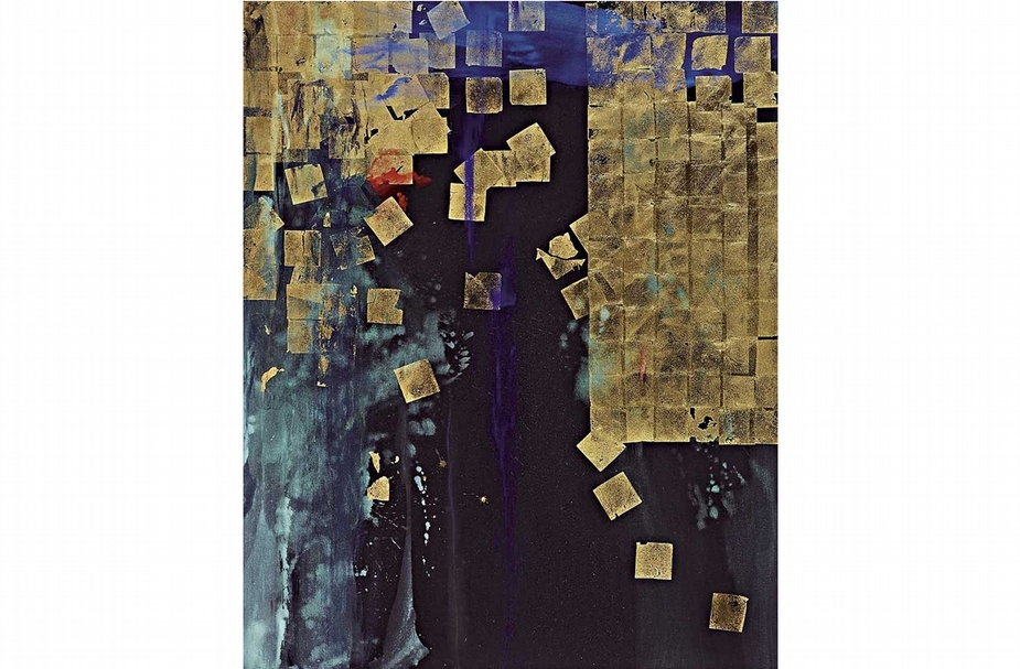 藤村真《獨白．悅》．天然礦物顏料、黃金、比利時亞麻布．203×163 cm．2009。 2009年藤村真受邀與現代藝術大師喬治．魯奧（Georges Rouault）跨時空聯展，他開始與魯奧對話，感受其內在炙熱的情感，因過度狂熱而最終與世隔離之孤寂，於是藤村真開始創作獨白系列，呼應也是對大師致敬。