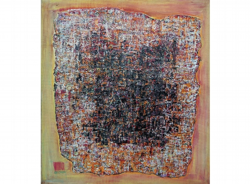 陳蔭羆│石碣之變 油彩、拼貼、畫布 61x56cm 1960s 大未來林舍畫廊提供