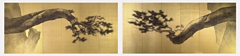 李華弌《金屏風(左+右)》．172×377cm×2件．水墨 金箔．2012。