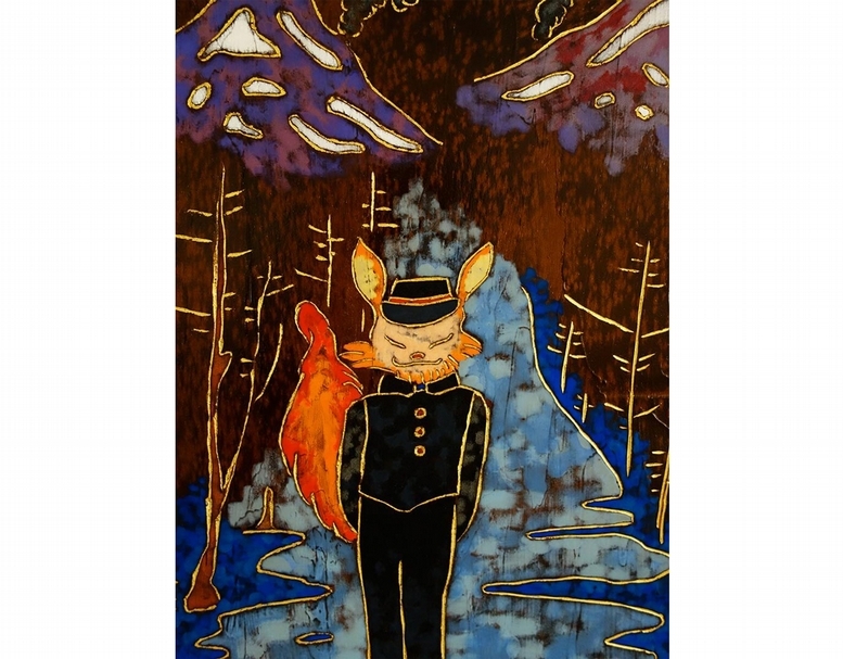 夏愛華，背負著靜謐的震動，40x60x5cm，漆、金箔、岩彩、杉木拼板，2016。
