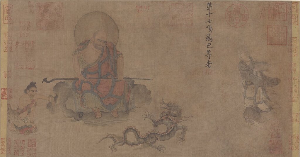 唐盧楞伽（款）宋摹〈六尊者像冊〉之降龍羅漢像。
