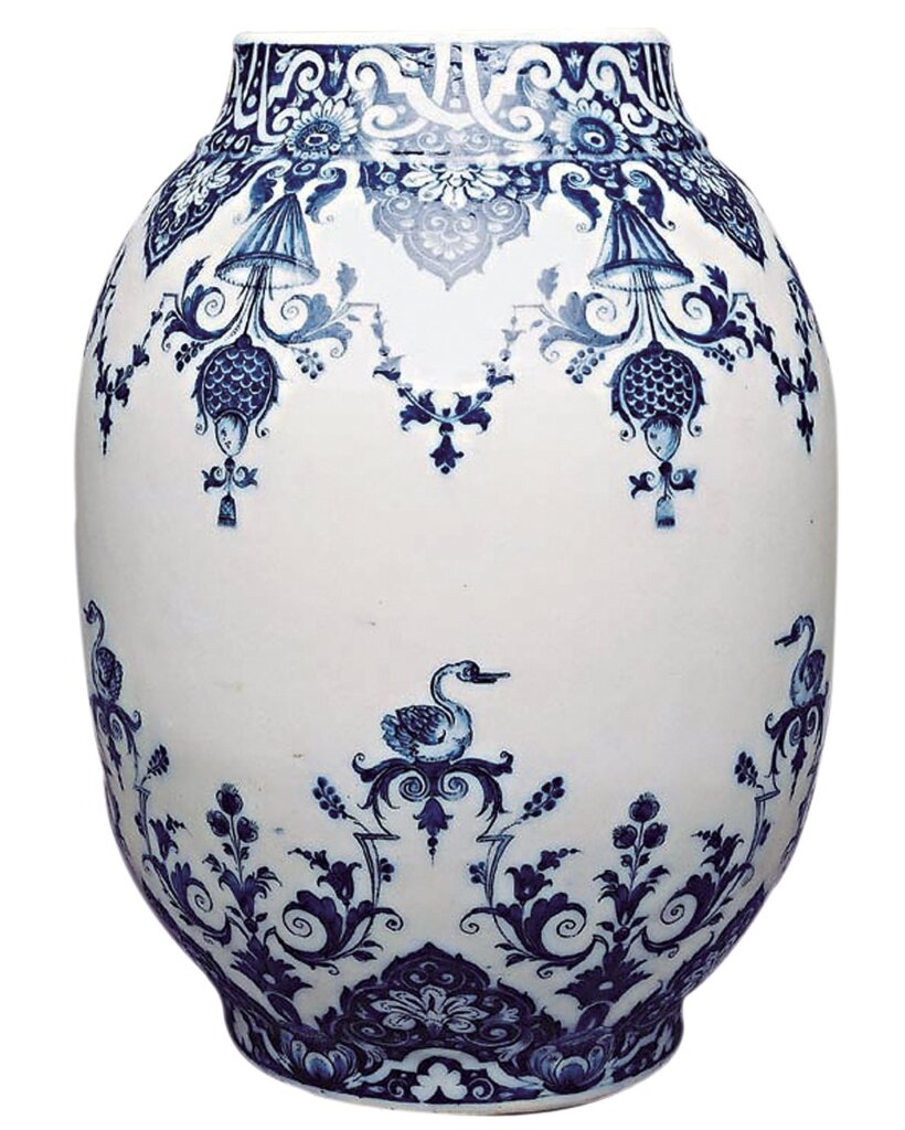 1690〜1695年〈魯昂波特哈窯青花卵形瓶（Vase ovoïde）〉，軟質瓷器，18.5×13.8公分，法國索米爾城堡博物館（Château-Musée de Saumur）藏，編號Inv. LR 870。