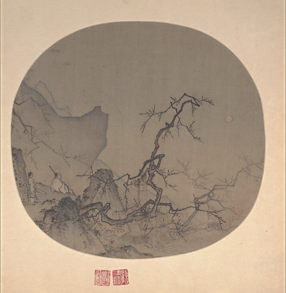 南宋馬遠〈月下賞梅〉，團扇冊頁絹本，紐約大都會博物館藏。
