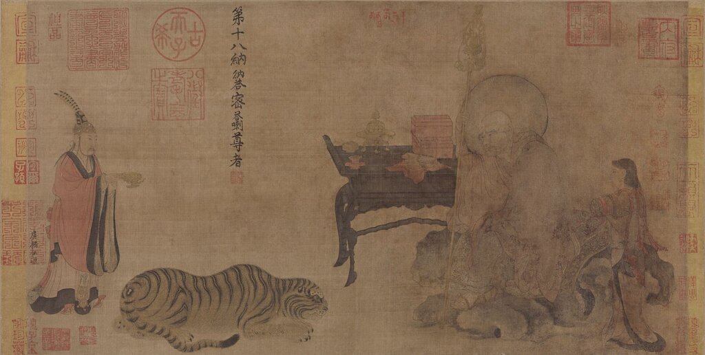 唐盧楞伽（款）宋摹〈六尊者像冊〉之伏虎羅漢像。