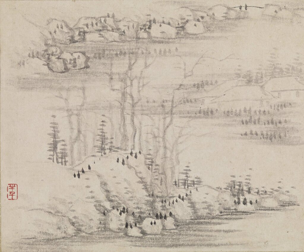 清代龔賢約1679年〈山水圖〉其中一開，冊頁紙本，紐約大都會博物館藏。