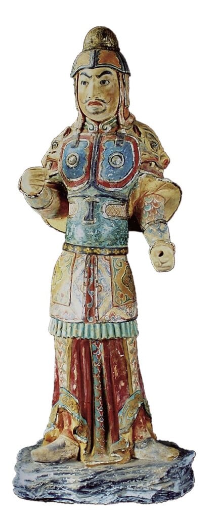 唐〈貼金黃釉加彩武官俑〉,657年,陝西省醴泉縣張士貴墓出土。