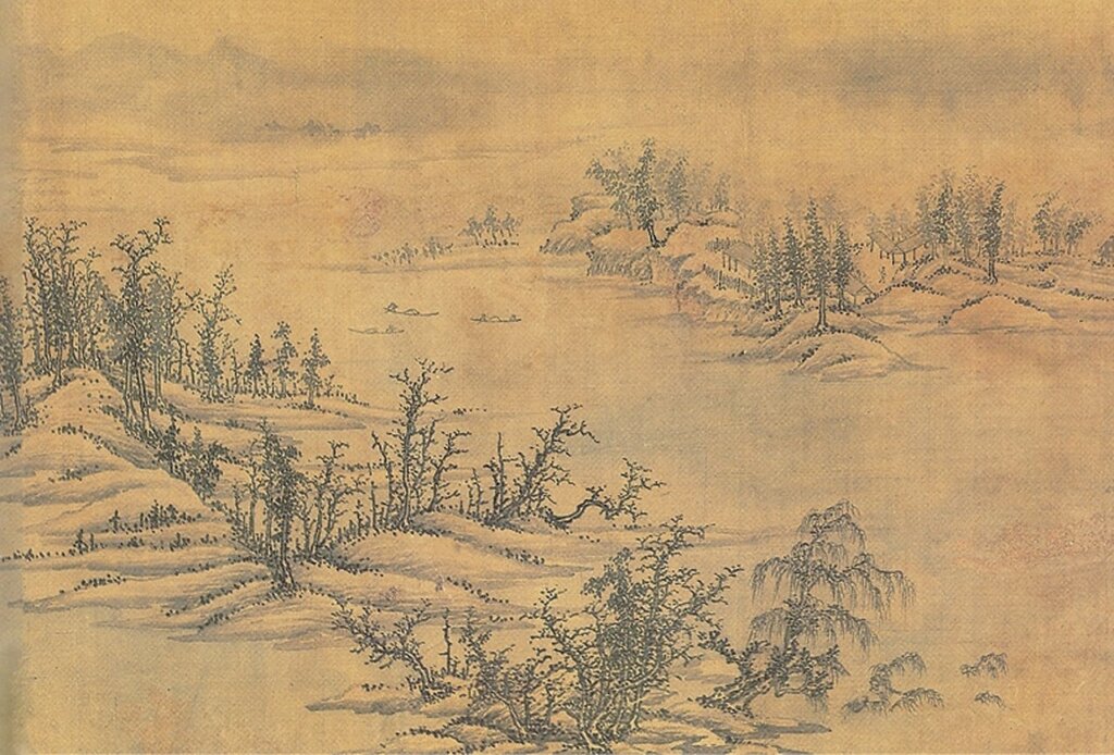 江參〈千里江山圖〉局部，台北故宮藏。其中所顯示的傳董元〈寒林重汀〉的「重汀」圖式。