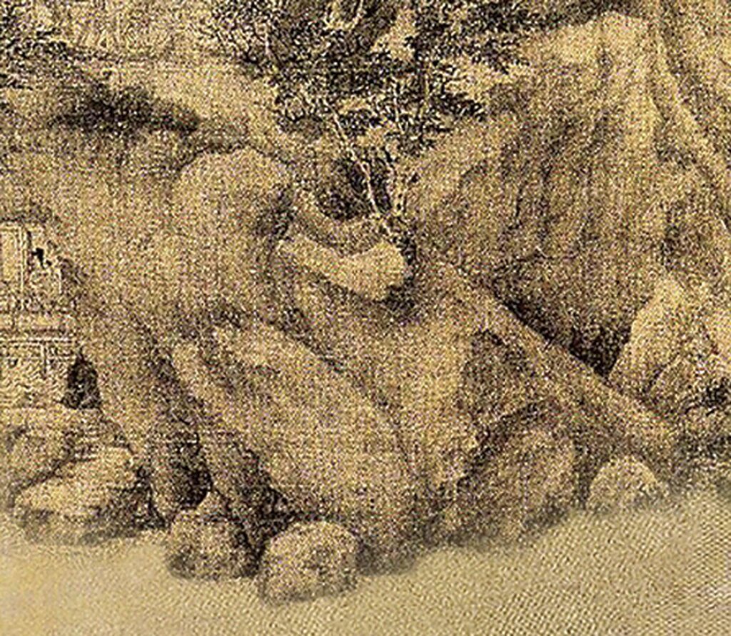 〈溪岸圖〉（經鏡像處理）、〈浮玉山居圖〉臨淵巨石比較。