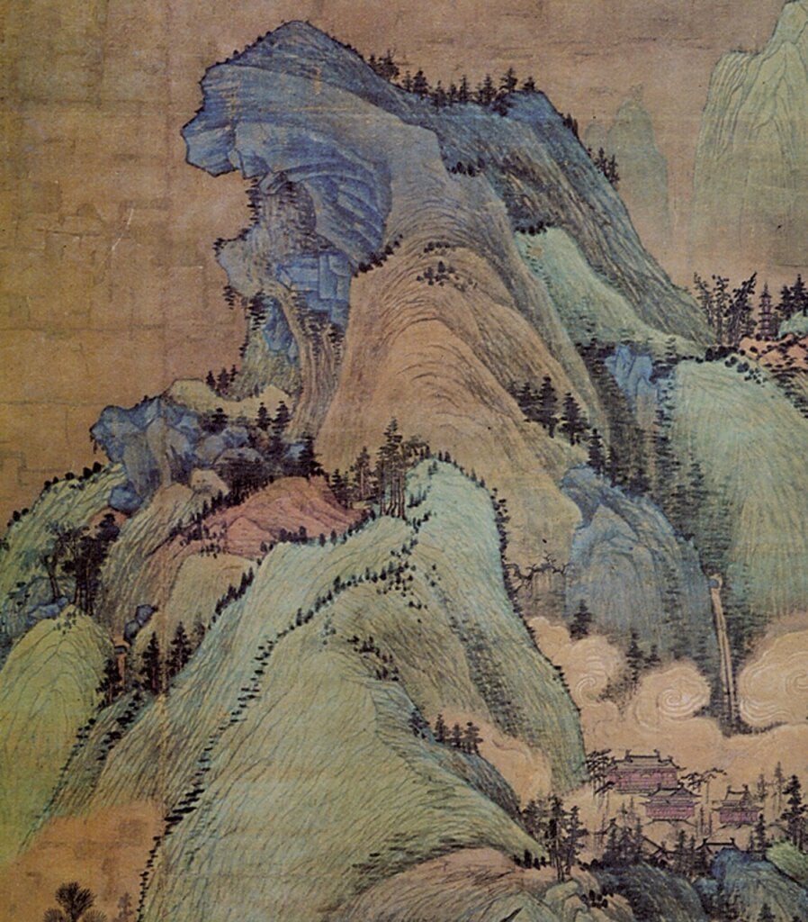 (傳)董源〈江堤晚景圖〉,局部。