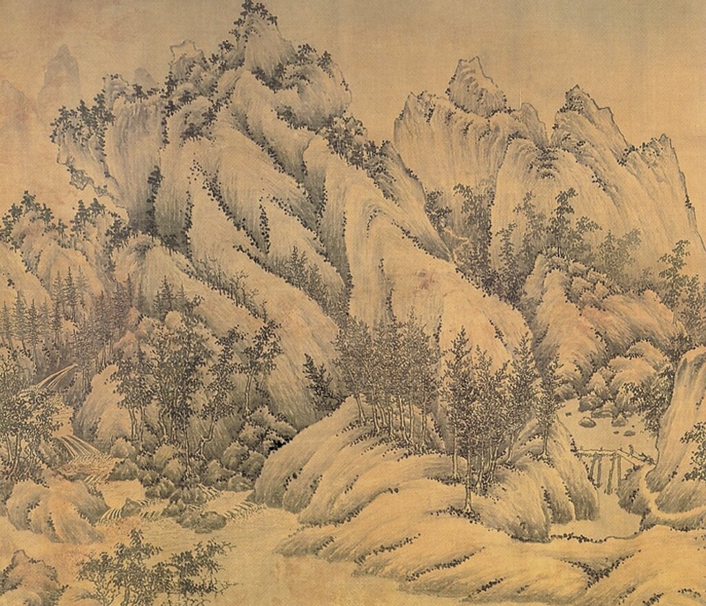 江參〈千里江山圖〉局部，台北故宮藏。其中所顯示的傳董元〈溪岸圖〉的「絕岸」圖式。