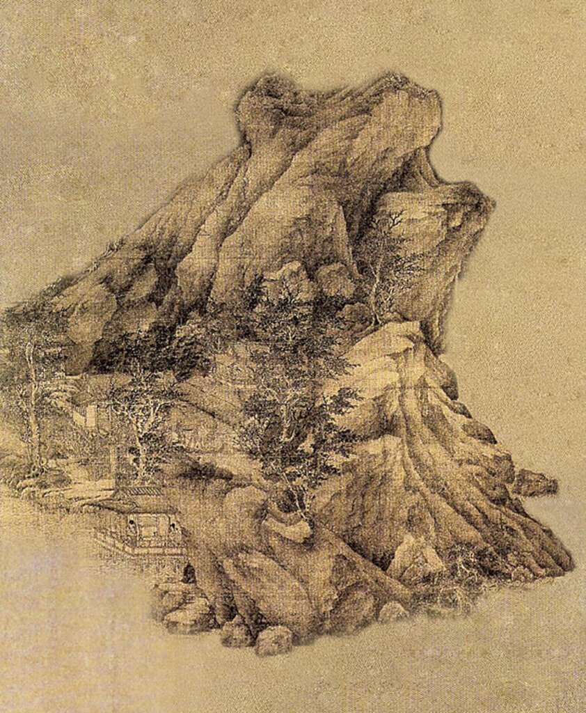 〈溪岸圖〉、〈浮玉山居圖〉局部岩石比較。