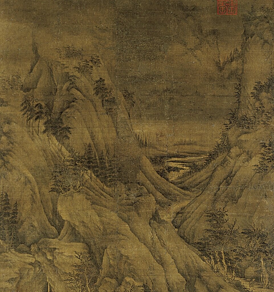 (傳)五代董源〈溪岸圖〉局部,右上方平遠景致。