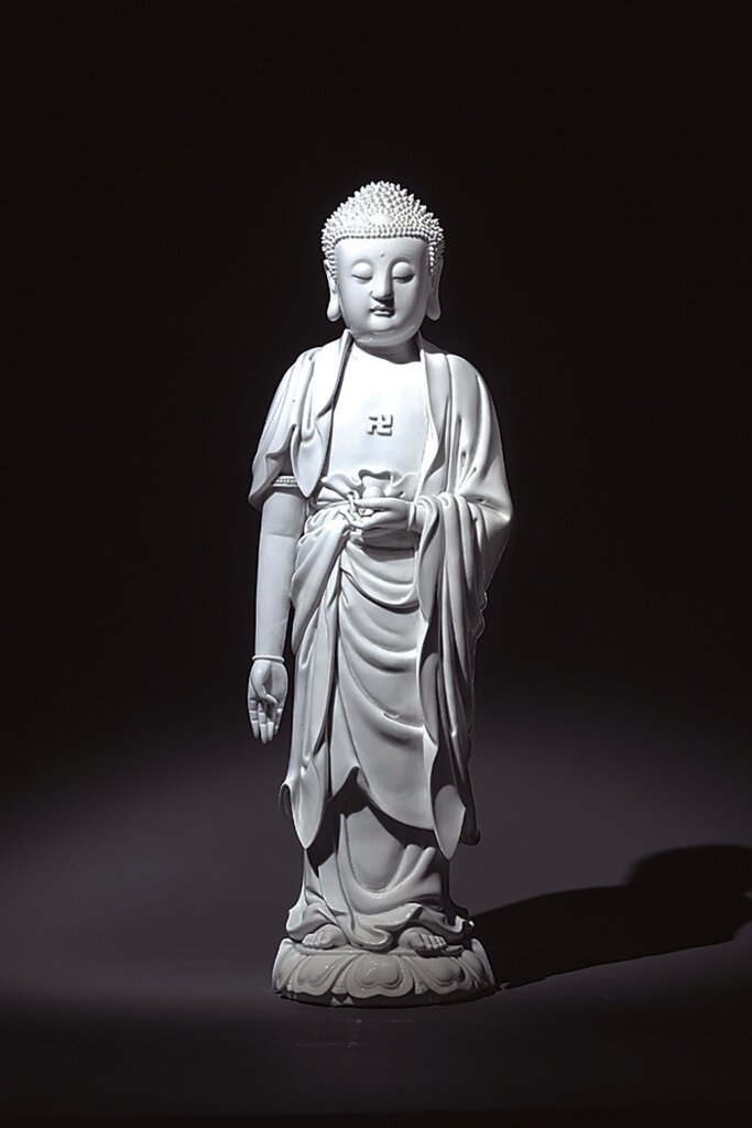 編號7579清代18世紀〈「博及漁人款」德化白瓷阿彌陀佛立像〉,估價人民幣40萬~50萬元。