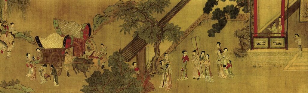 〈若蘭璇璣圖〉四段敘事畫（四）牛車相迎。莫斯科東方藝術博物館藏。