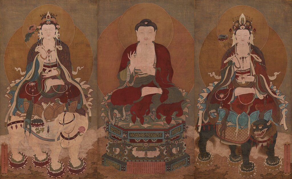 編號7577清代18世紀乾隆三十二年(1767)如意館製〈華嚴三聖-釋迦牟尼、文殊與普賢〉,設色絹本立軸,201×111.5公分,估價人民幣580萬~880萬元。