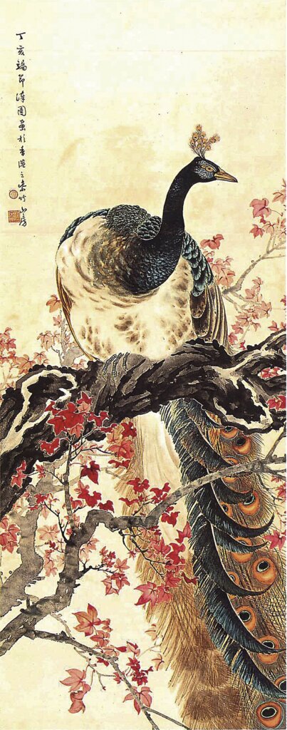 何漆園1948年〈丹林翠羽圖〉，水墨設色紙本，105.5×48公分，廣東省博物館藏。載《高奇峰．天風七子書畫集》，頁101。