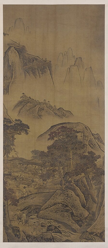 18世紀中國清代袁江畫派〈山棧行旅圖〉掛軸。