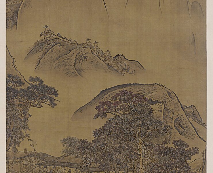 18世紀中國清代袁江畫派〈山棧行旅圖〉掛軸。