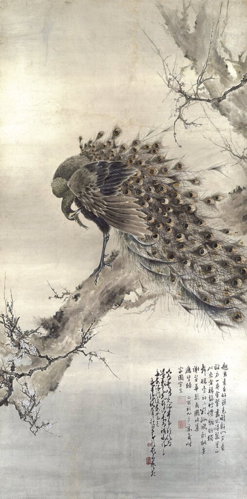 高奇峰1909年〈孔雀〉，水墨設色紙本，242×119公分，二義草堂藏。載《萬象神采─二義草堂藏近代中國書畫》，頁63。