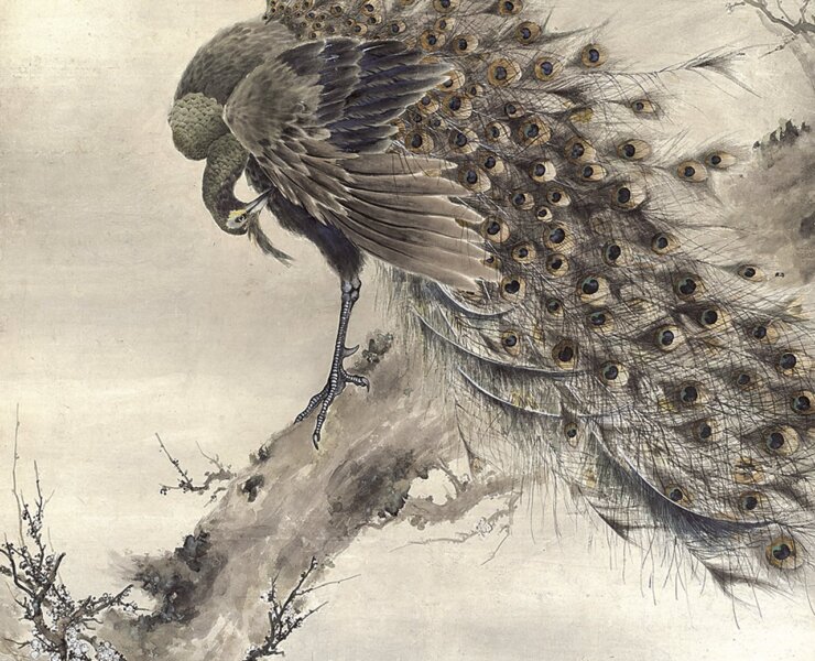 高奇峰1909年〈孔雀〉，水墨設色紙本，242×119公分，二義草堂藏。載《萬象神采─二義草堂藏近代中國書畫》，頁63。