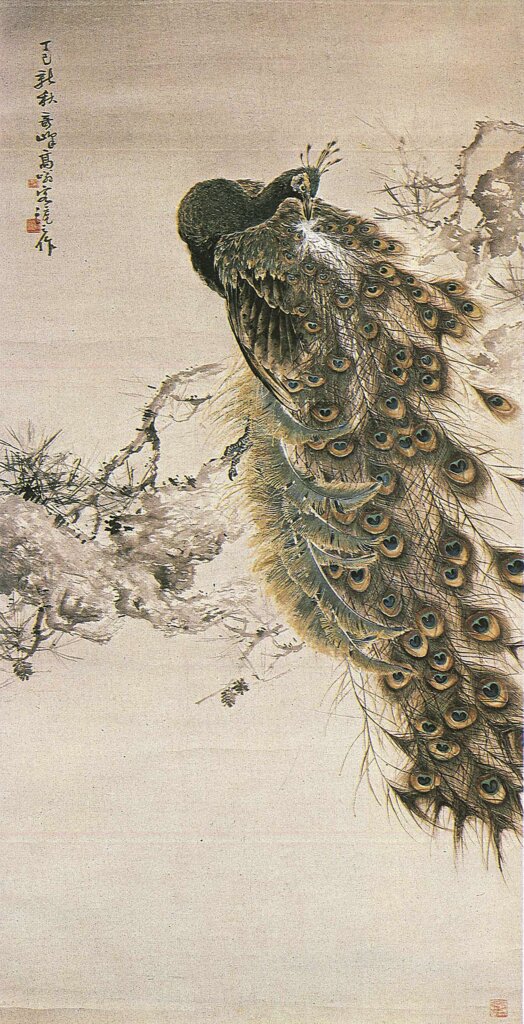 高奇峰1917年〈長松孔翠〉，水墨設色紙本，216×109公分，香港私人收藏。載《高奇峰的藝術》，頁35。