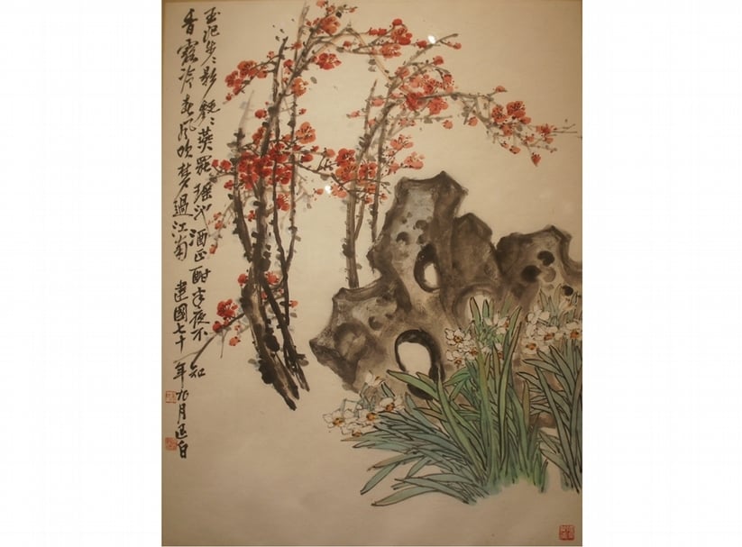 吳學讓1981年作〈梅花水仙〉，80×60公分。
