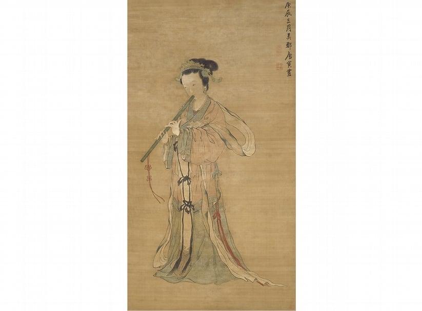 唐寅1520年作〈吹簫仕女圖〉，立軸絹本設色，164.8×89.5公分。圖／南京博物院