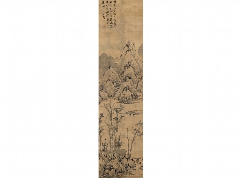 沈周〈山居讀書圖〉，立軸綾本墨筆，116.6×28.8公分。圖／南京博物院