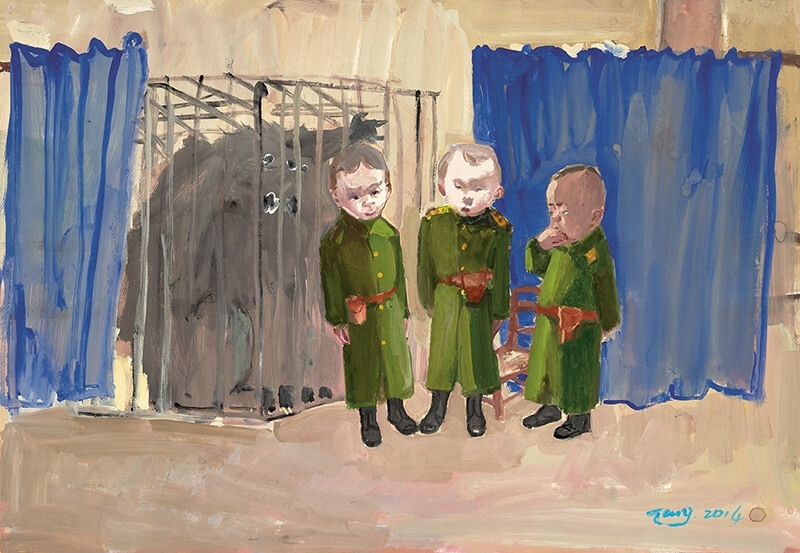 WorldPlay: The Cage of Power 《世像：權力的籠子》 2014 二零一四年作 Poster Colour on Paper 水粉 紙本 53.5 x 76.5 cm