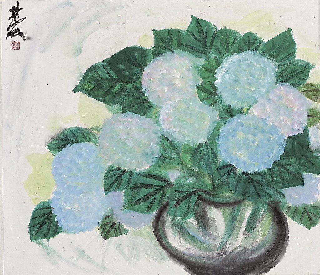 黃冑1974年作〈百雞圖〉，水墨紙本鏡心，32.5×181.5公分×3。