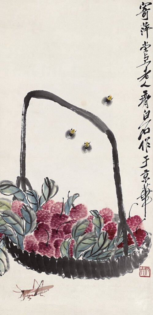 溥儒〈雙鴿〉，設色紙本立軸，72.5×28.5公分。