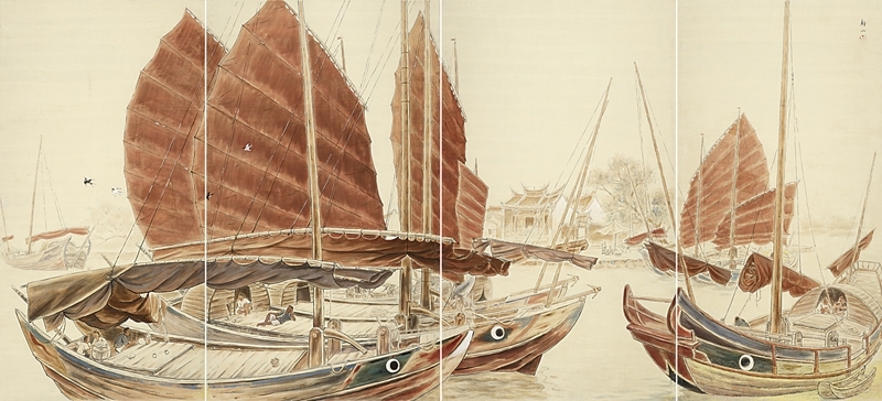 黃靜山│南國之船 膠彩、紙 150x328.5cm 1941 台北市立美術館提供