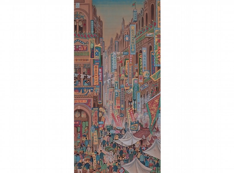 郭雪湖1930年作〈南街殷賑〉，膠彩絹本，188×94.5公分。