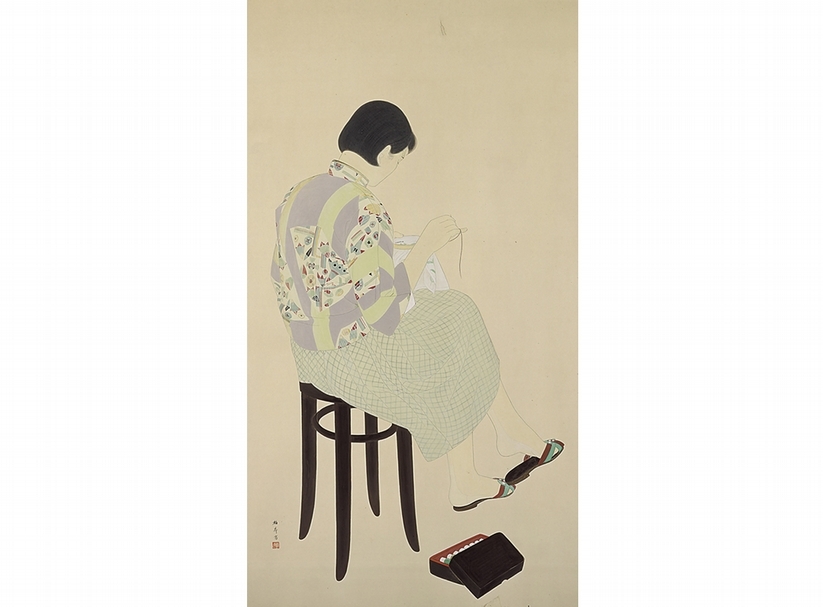 林柏壽1941年作〈刺繡〉，膠彩紙本，171×93公分。