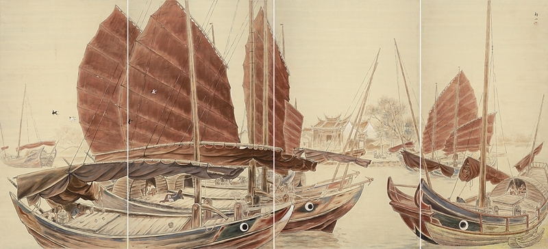 黃靜山1944年作〈南國之船〉，膠彩紙本，150×328.5公分。