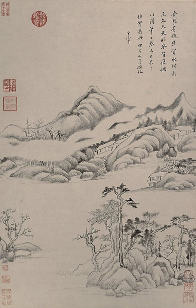 董其昌〈仿大師山水冊〉中之〈仿趙孟頫水村圖〉，美國納爾遜美術館藏。