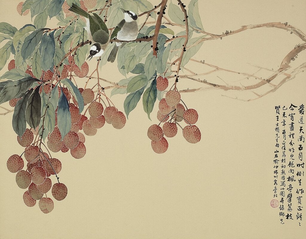 香港羅芙奧喻仲林1979年作〈荔枝雙鳥〉，49.5×63公分，成交價72萬港元。