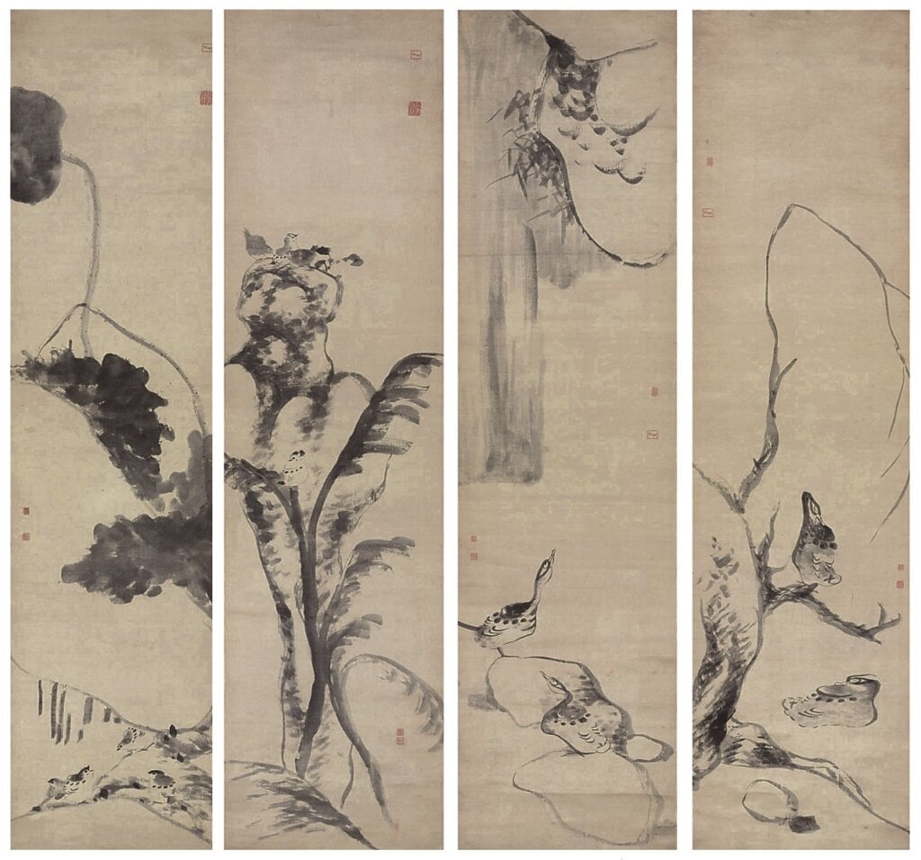 八大山人約1690～1691年作〈鳥石圖〉。四幅，2009年紐約佳士得春拍。