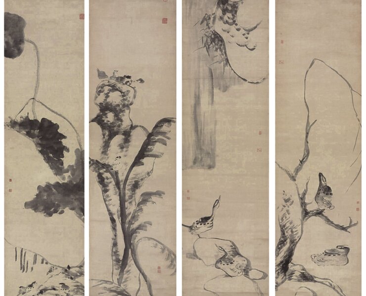 八大山人約1690～1691年作〈鳥石圖〉。四幅，2009年紐約佳士得春拍。