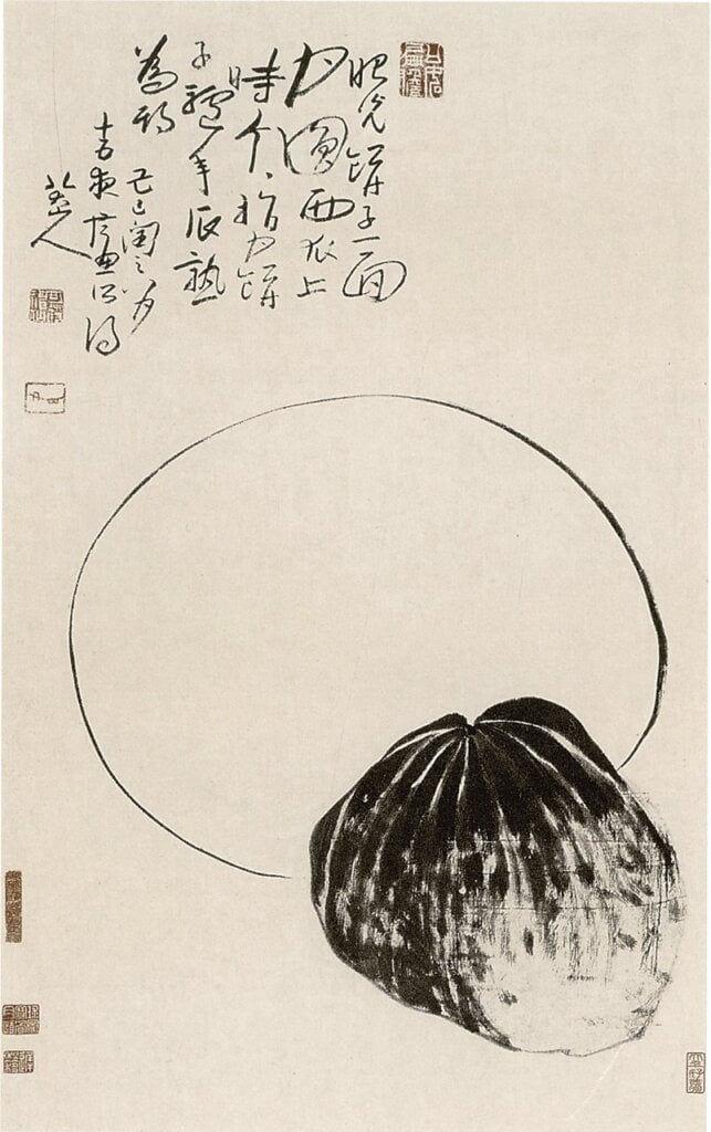 八大山人1694年作〈雙鵪鶉圖〉，為〈山水花鳥冊〉之一，上海博物館藏。