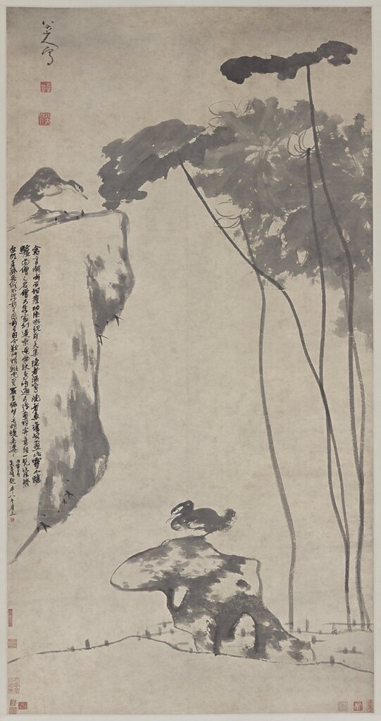 八大山人約1696年作〈荷花雙鳧圖〉，水墨紙本立軸，弗利爾美術館藏。 圖8 八大山人約1700年作〈雙雁圖〉，水墨紙本立軸，弗利爾美術館藏。