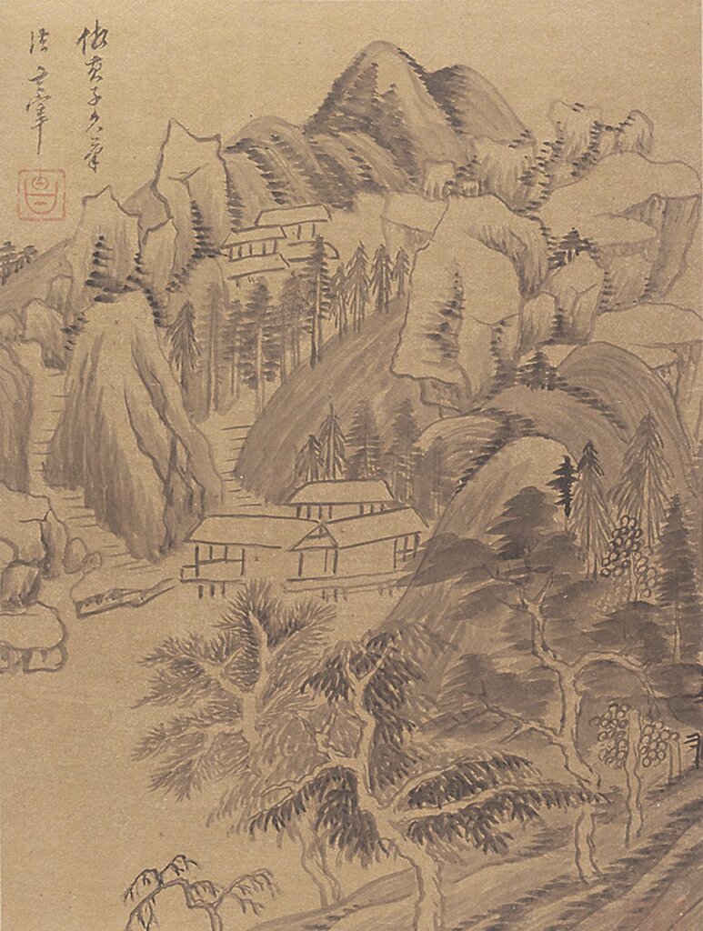 董其昌〈倣黃子久冊頁〉金箋山水，美國大都會博物館藏。