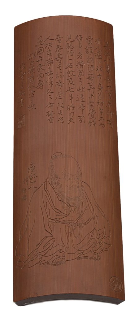 清乾隆（1736～1795）潘西鳳（1736～1795）〈淺刻壽星臂擱〉，「西鳳」、「復堂李書」、「宗楊」、「癭瓢山人作」、「黃」、「慎」款，葉義醫生捐贈香港藝術館。館藏編號C1985.0094。