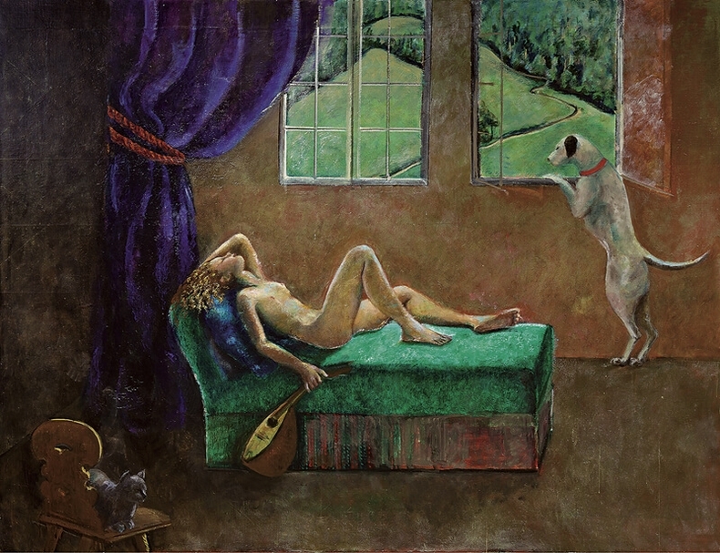 巴爾杜斯《少女和曼陀林》．油彩畫布．190×250 cm．2000-2001。